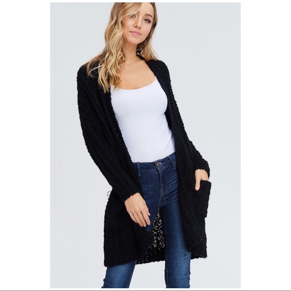 Black Soft Knit Long Cardigan W/ Pockets - Picture 2 of 4